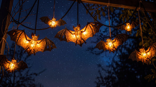 Glowing paper lanterns shaped like bats hanging against a dark night sky, festive Halloween party decoration with copy space
