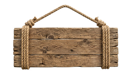 Rustic wooden plank sign with thick rope isolated © mohammadjakramali