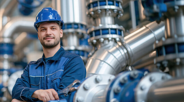 Confident male engineer wearing blue helmet and uniform at industrial plant
