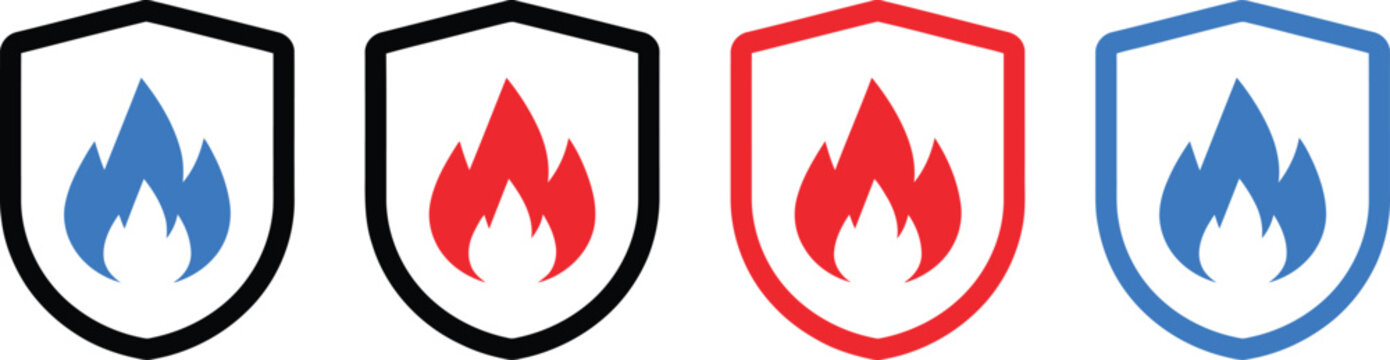 Set of four colorful shield icons with fire flame symbols inside for security and safety concepts