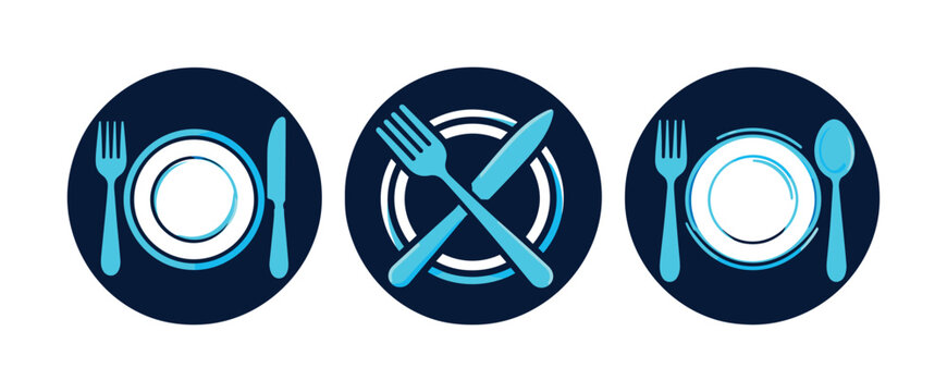 Three restaurant plate and cutlery emblems using dark navy circles with bright cyan utensils, restaurant, plate, cutlery, forks,