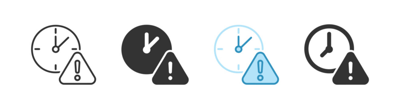 Deadline alert symbols with clock faces and warning signs for time limits, overdue tasks, critical schedules, and urgent notifications.
