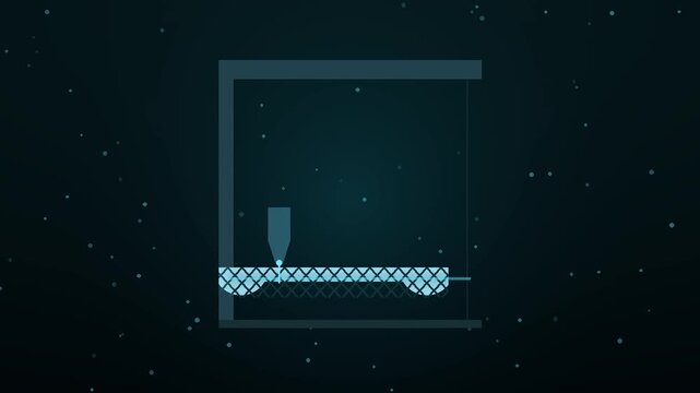 Futuristic 3D printing animation, additive manufacturing process icon, industrial tech concept on dark blue background with digital particles