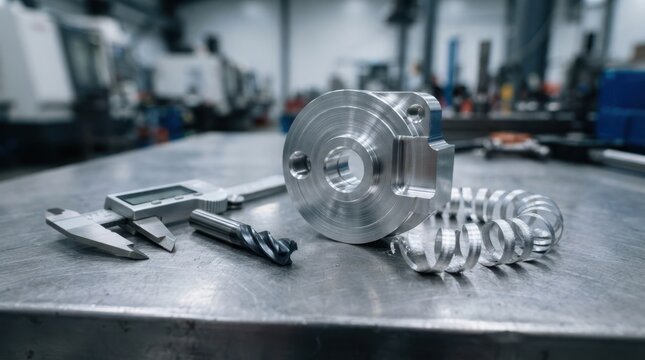 Machined aluminum billet with caliper, carbide end mill, and metal chips on a stainless bench for cnc precision engineering.