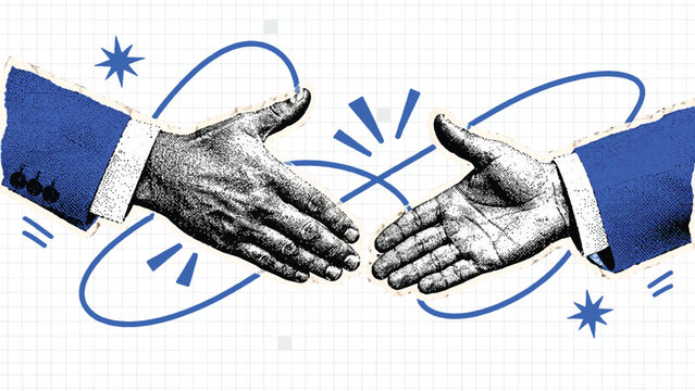 Retro Pop Art Business Handshake Collage with Black and White Newspaper Halftone Hands, Blue Suit Sleeves, Electric Blue Doodles and White Graph Paper Background