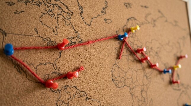 String route across pushpins on cork map, route network and logistics planning