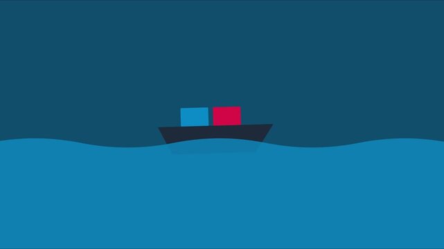 Minimalist cargo ship animation sailing on ocean waves, flat for logistics and maritime concepts boat