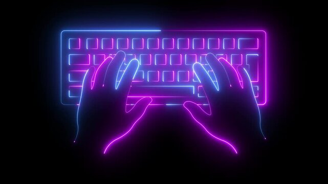 glowing neon hands typing on a keyboard icon isolated on black background. for programming, office work, freelance typing concept. 4k video animation.