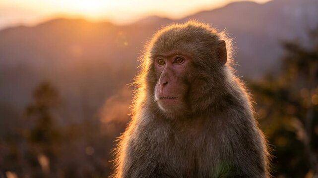 japanese macaque snow monkey close up at sunset golden light in jigokudani monkey park japan video