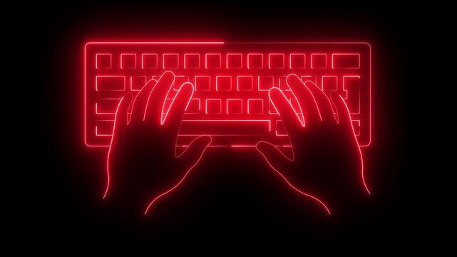 glowing neon hands typing on keyboard icon isolated on black background. for programming, office work, freelance typing concept. 4k video animation.