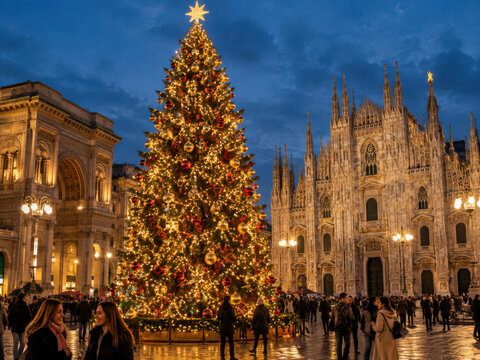 Weihnachtsbaum vor dem Mail&auml;nder Dom &ndash; Pr&auml;chtig beleuchteter Christbaum auf der Piazza del Duomo in Mailand, umgeben von festlicher Architektur und Menschen am Abend.