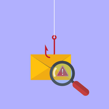 Data phishing, hacking online scam concept. Fishing by email, envelope and fishing hook.