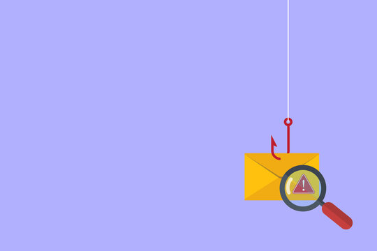 Data phishing, hacking online scam concept. Fishing by email, envelope and fishing hook.