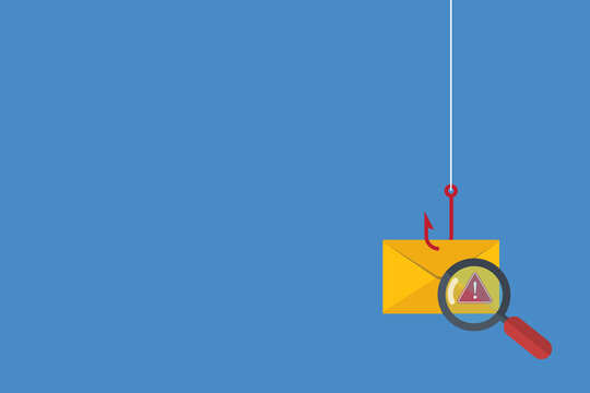 Data phishing, hacking online scam concept. Fishing by email, envelope and fishing hook.
