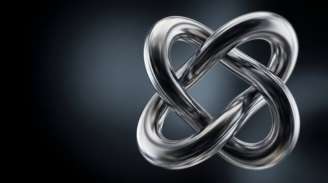 Abstract Chrome Metallic Interlocking Knot Shape on Dark Blue Gradient Background Copy Space
