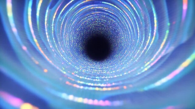 Glowing digital tunnel with nested light rings surrounding a dark central void