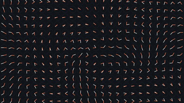 Grid of tiny clock faces with hands sweeping in travelling waves on a dark surface