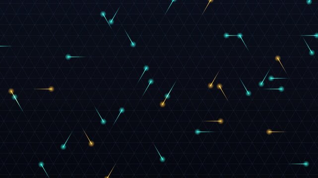 Isometric line lattice with teal and amber light pulses racing along its lines