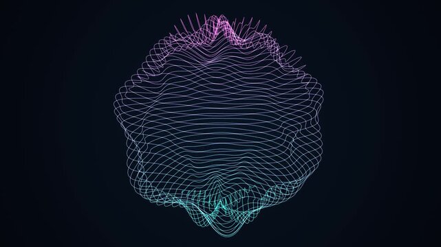Sphere of glowing latitude rings deforming with a travelling sound wave while rotating