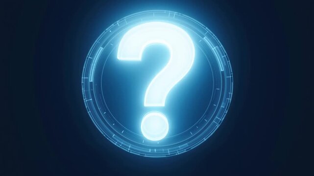 Glowing question mark centered in a circular digital interface on dark blue background
