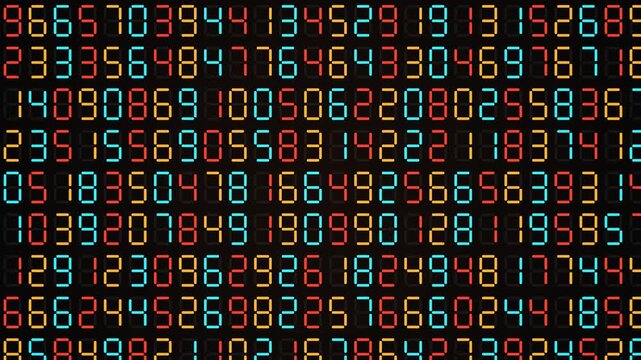 Wall of seven segment digits flickering and counting in red amber and cyan zones