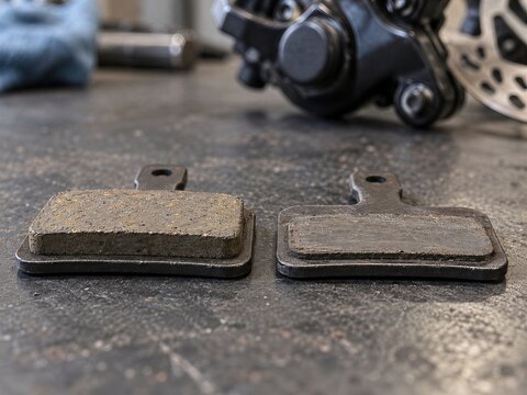 New and worn brake pads showing friction material thickness