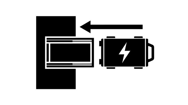 Black battery installation symbol showing replacement and loading process