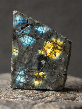 Polished labradorite slab with blue and golden labradorescence