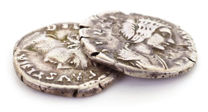 two ancient Roman silver denarius coins vintage antique isolated on white background