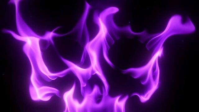 Purple flame shapes curl in an abstract display against a deep black background