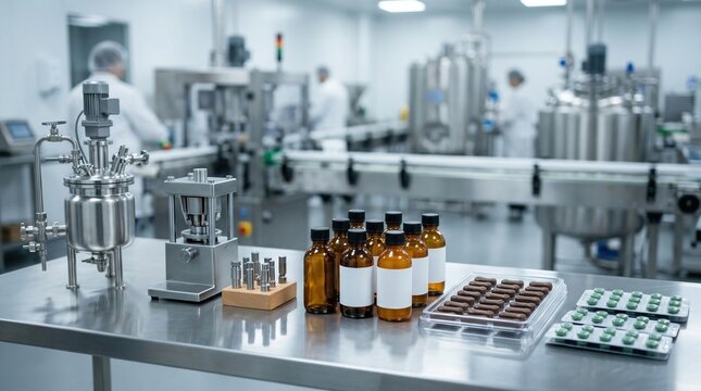 Veterinary pharmaceutical manufacturing setup with reactor vessels, tablet press tooling, amber bottles, coated chewables, and sealed blister packs on a workbench.