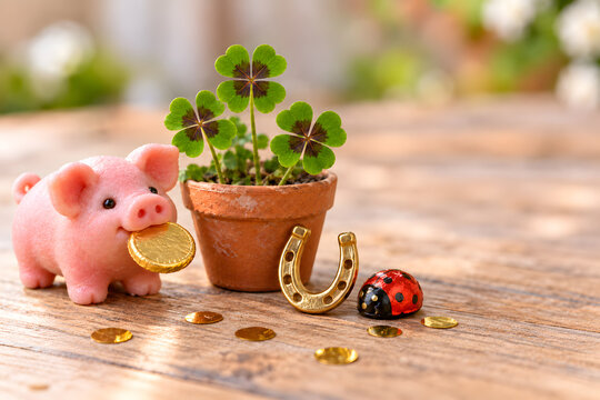 Marzipan pig and four leaflet clovers with lucky charms