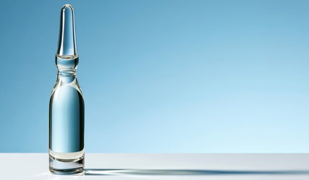 Glass ampoule with liquid on a reflective surface against a blue background, ideal for healthcare or pharmaceutical concepts, copy space