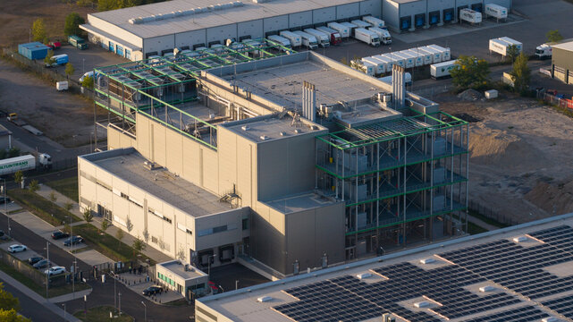 Hanau, Germany - 07 September 2026: Aerial view of Exyte data center at Wolfgang industrial park in Hanau