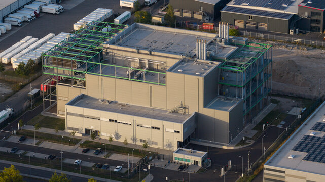 Hanau, Germany - 07 September 2026: Aerial view of Exyte data center at Wolfgang industrial park in Hanau