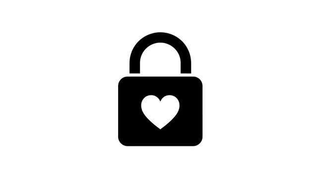 Black padlock icon with heart shape symbol isolated on bright background
