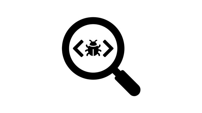 Black bug icon under magnifier glass symbolizing software debugging scan