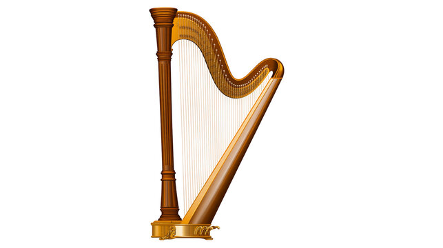 Isolated elegant classic wooden musical instrument with many strings a beautiful harp