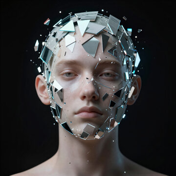 A surreal portrait of a young face fragmented by floating mirror shards, blending human skin and reflective geometry. Cool lighting and futuristic accents evoke isolation, identity