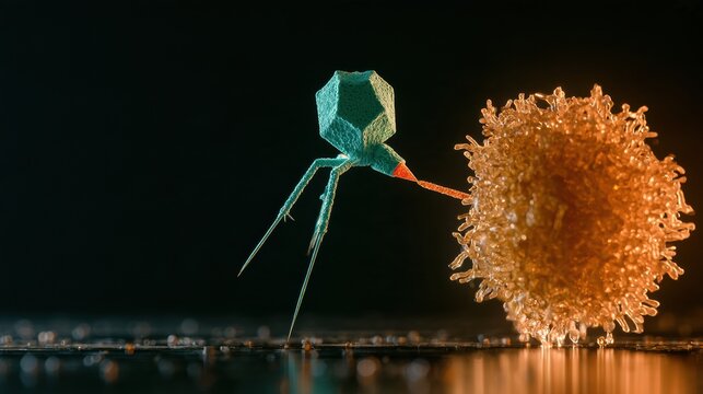 A phage particle latches onto a bacterial surface and injects genetic material in a dark microscopic environment.