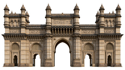 Isolated historic Gateway of India in Mumbai, grand stone archway with decorative turrets and domes. © David