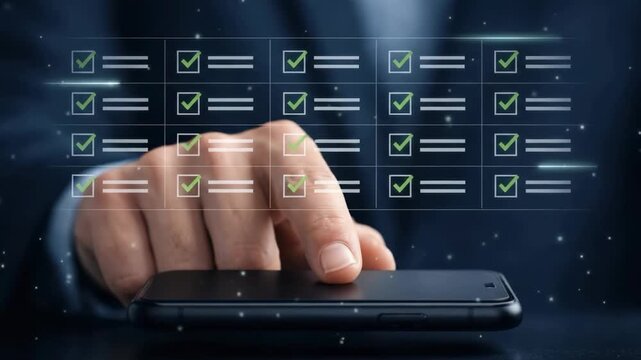 Hand selecting checkmarks on glowing grid checklist above smartphone on dark office desk