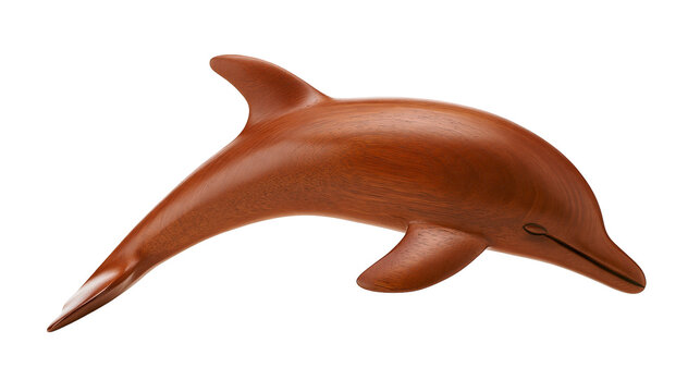 Isolated polished wooden dolphin sculpture with smooth curves, elegant and handcrafted artwork