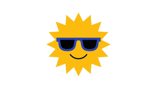 Isolated bright yellow cartoon sun wearing stylish blue sunglasses with a friendly smile