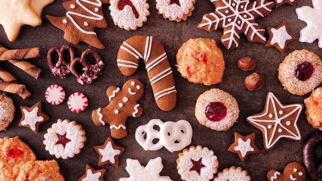 Variety of Christmas cookies and sweets. Top view over a dark stone background. Slow rotating zoom motion. Holiday baking concept.