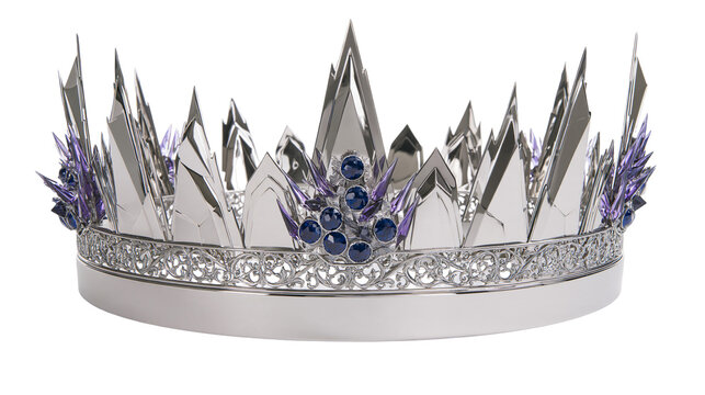 Isolated intricate silver crown adorned with sharp crystal spikes and deep blue gemstones