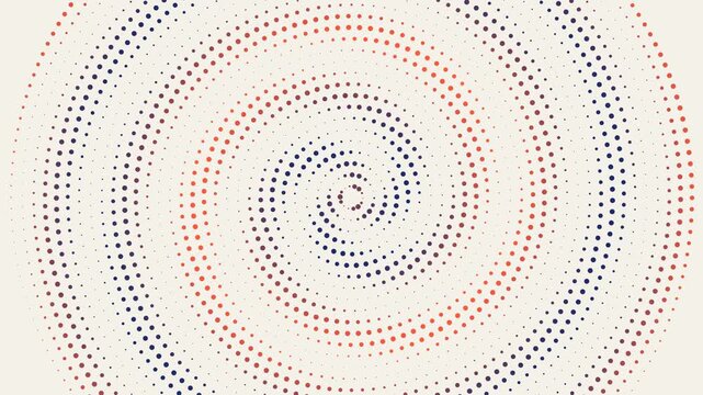 Concentric rings of navy and orange dots counter rotating into shifting moire spirals