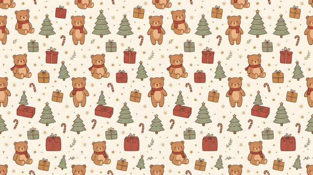 Cute Christmas seamless with teddy bears, pine trees, and gift boxes on light background-for Christmas