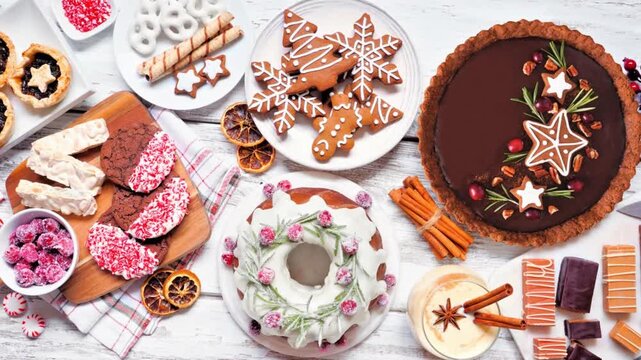 Variety of Christmas holiday desserts and sweets over a white wood background. Slow rotating zoom motion. Bundt cake, chocolate pie, mincemeat tarts, cookies, fudge and eggnog.