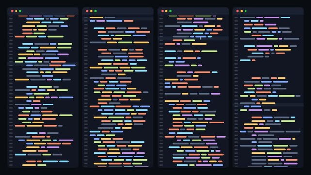 Four code editor panes with colorful syntax lines scrolling at different speeds